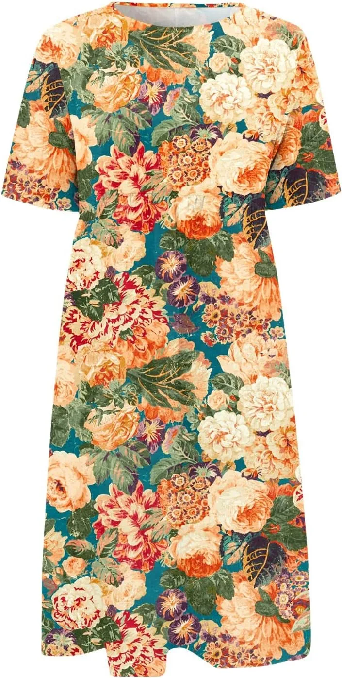 Casual Dresses for Women 2024 Plus Size Print Basic Dresses Summer Short Sleeve Flowy O Neck Dress with Pockets
