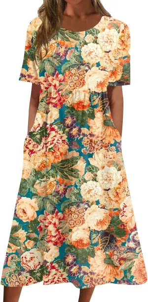 Casual Dresses for Women 2024 Plus Size Print Basic Dresses Summer Short Sleeve Flowy O Neck Dress with Pockets