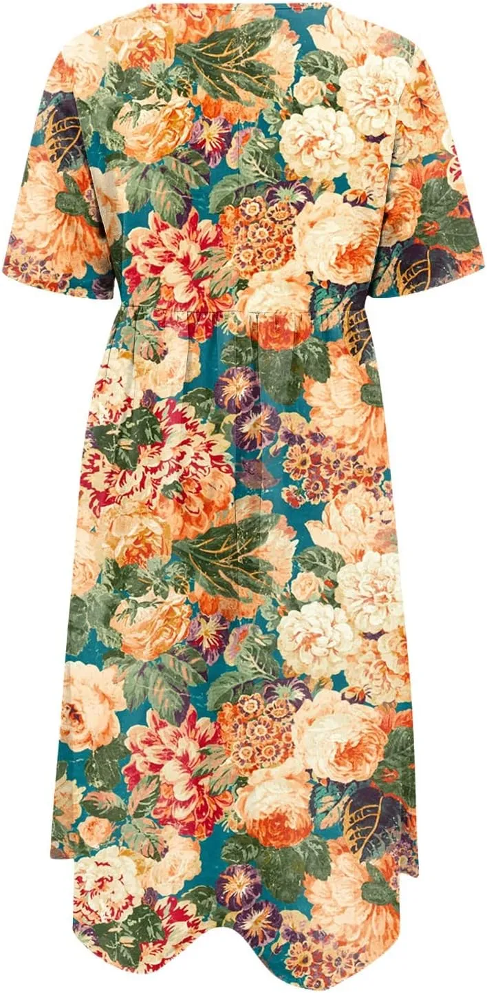 Casual Dresses for Women 2024 Plus Size Print Basic Dresses Summer Short Sleeve Flowy O Neck Dress with Pockets