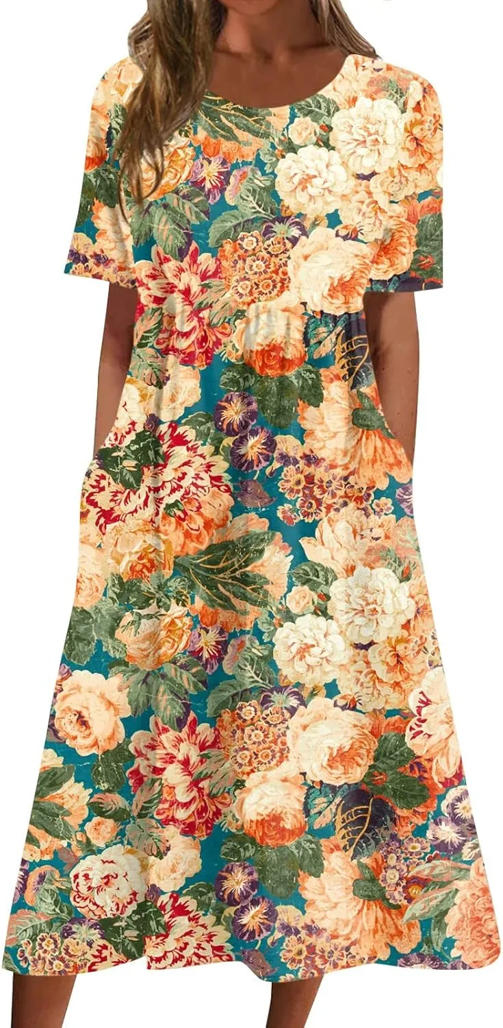 Casual Dresses for Women 2024 Plus Size Print Basic Dresses Summer Short Sleeve Flowy O Neck Dress with Pockets