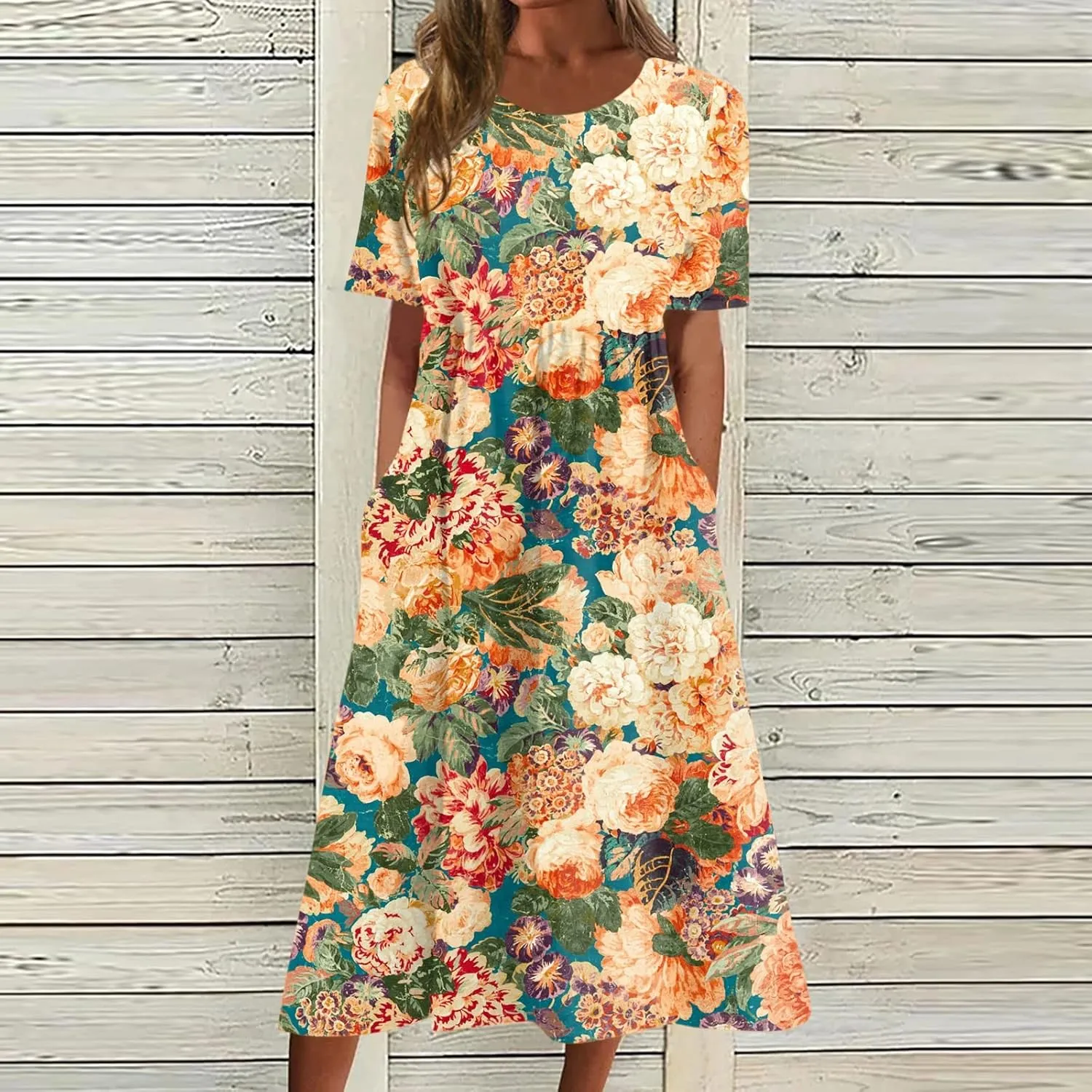 Casual Dresses for Women 2024 Plus Size Print Basic Dresses Summer Short Sleeve Flowy O Neck Dress with Pockets