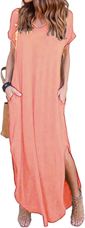 Casual Dresses for Women T-Shirt Summer Short Sleeve V Neck Split Maxi Dresses Loose Oversized Lounge with Pockets