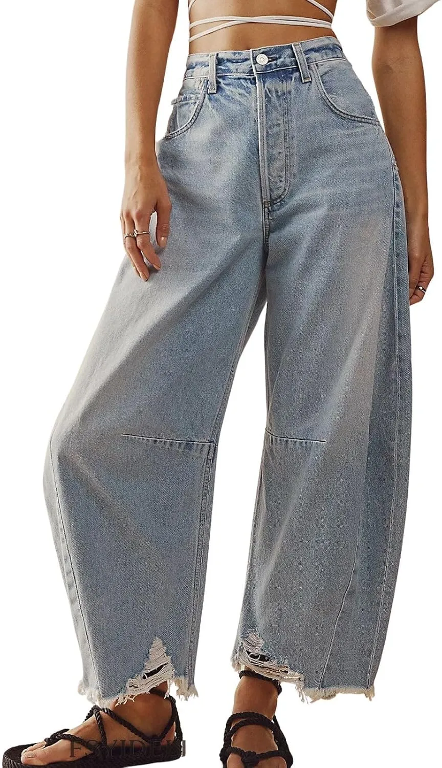 CHARTOU Women Barrel Jeans Distressed Boyfriend Baggy Jeans High Waist Wide Leg Jeans Y2k Ripped Harem Pants