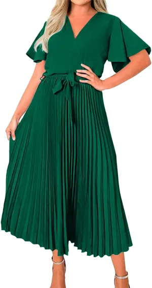 Chiffon Dresses for Women Slim Elegant Flutter Sleeve Tie Waist Pleated Maxi Dresses Homecoming Cute Gauze Outfits