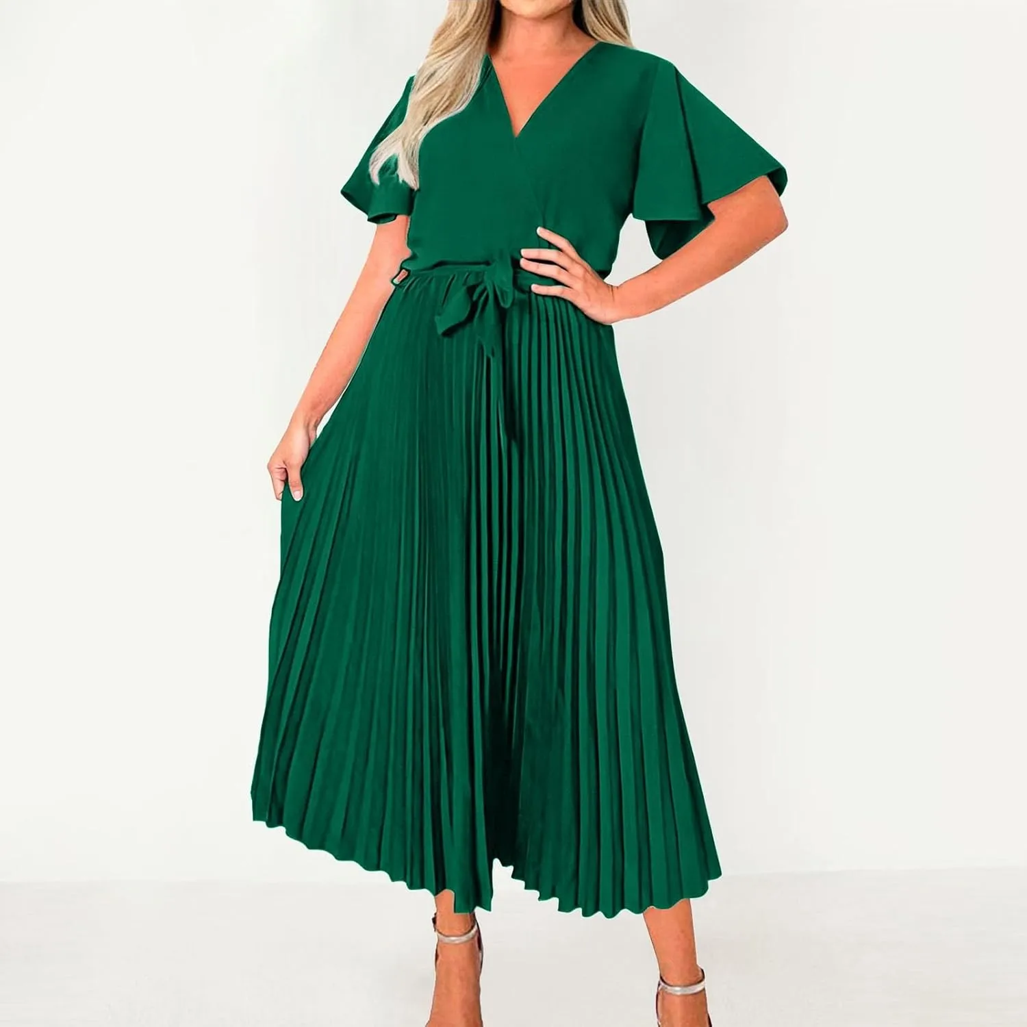 Chiffon Dresses for Women Slim Elegant Flutter Sleeve Tie Waist Pleated Maxi Dresses Homecoming Cute Gauze Outfits