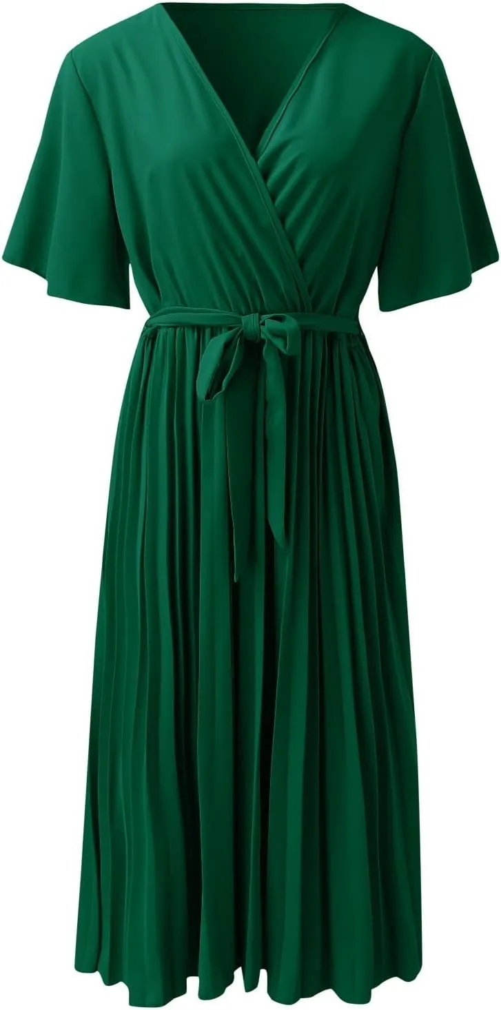 Chiffon Dresses for Women Slim Elegant Flutter Sleeve Tie Waist Pleated Maxi Dresses Homecoming Cute Gauze Outfits