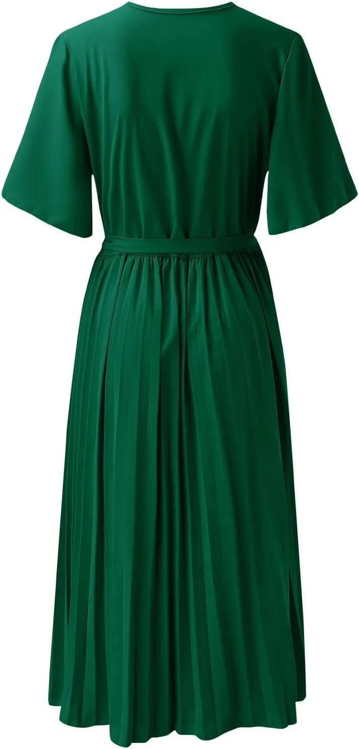 Chiffon Dresses for Women Slim Elegant Flutter Sleeve Tie Waist Pleated Maxi Dresses Homecoming Cute Gauze Outfits