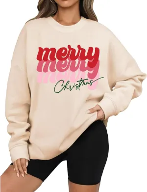 Christmas Sweatshirts for Women Oversized Fashion Graphic Merry Letter Shirt Long Sleeve Crewneck Pullover Xmas Tops