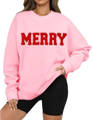 Christmas Sweatshirts for Women Oversized Merry Letter Graphic Sweatshirt Chenille Patch Pullover Funny Xmas Tops