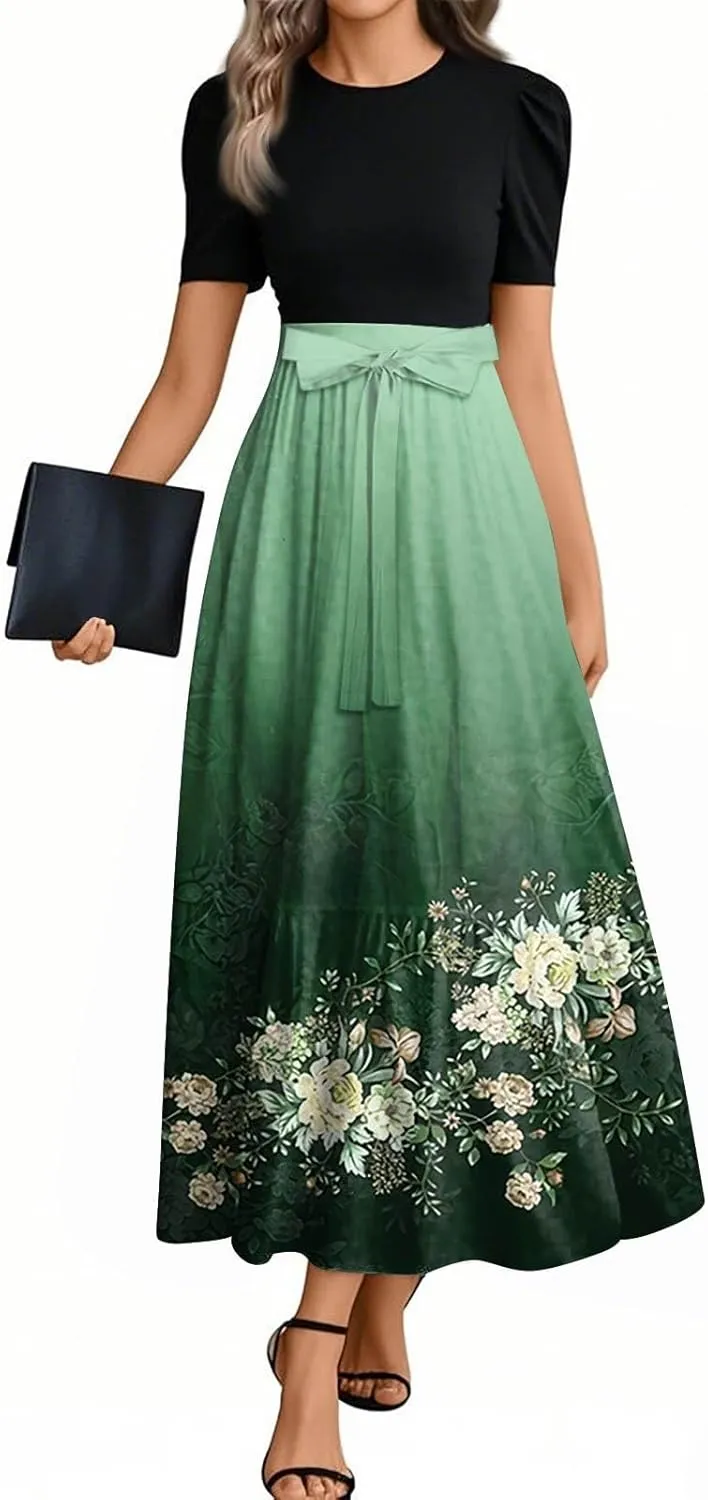 Church Dresses for Women Summer Short Sleeve Floral Long Dress Elegant Party Cocktail A Line Flowy Maxi Dress