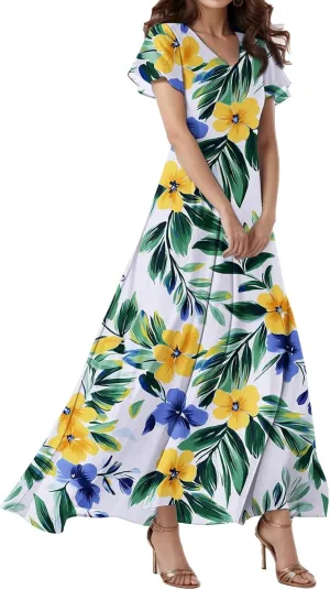 Cocktail Dresses for Women,Flowy Spring Summer Dresses for Women 2025 Wedding Guest Elegant Floral Maxi Dress Short Sleeve