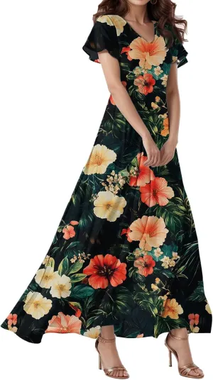 Cocktail Dresses for Women,Flowy Spring Summer Dresses for Women 2025 Wedding Guest Elegant Floral Maxi Dress Short Sleeve