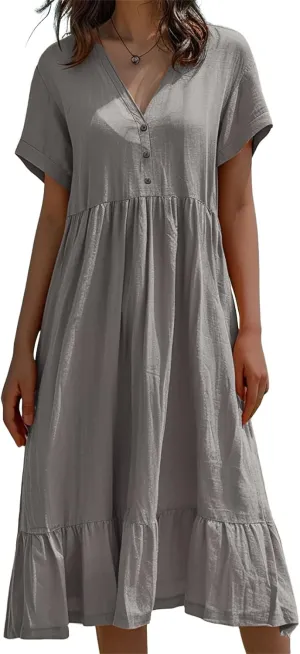 Cotton and Linen V-Neck Midi Dress Short Sleeve Pleated High Waisted Tiered Maxi Dresses Casual Loose Solid Dresses