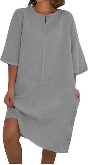 Cotton Linen Dress Women Casual Summer Midi Dresses T Shirt Dress Short Sleeve Beach Vacation Mini Sundress Trendy