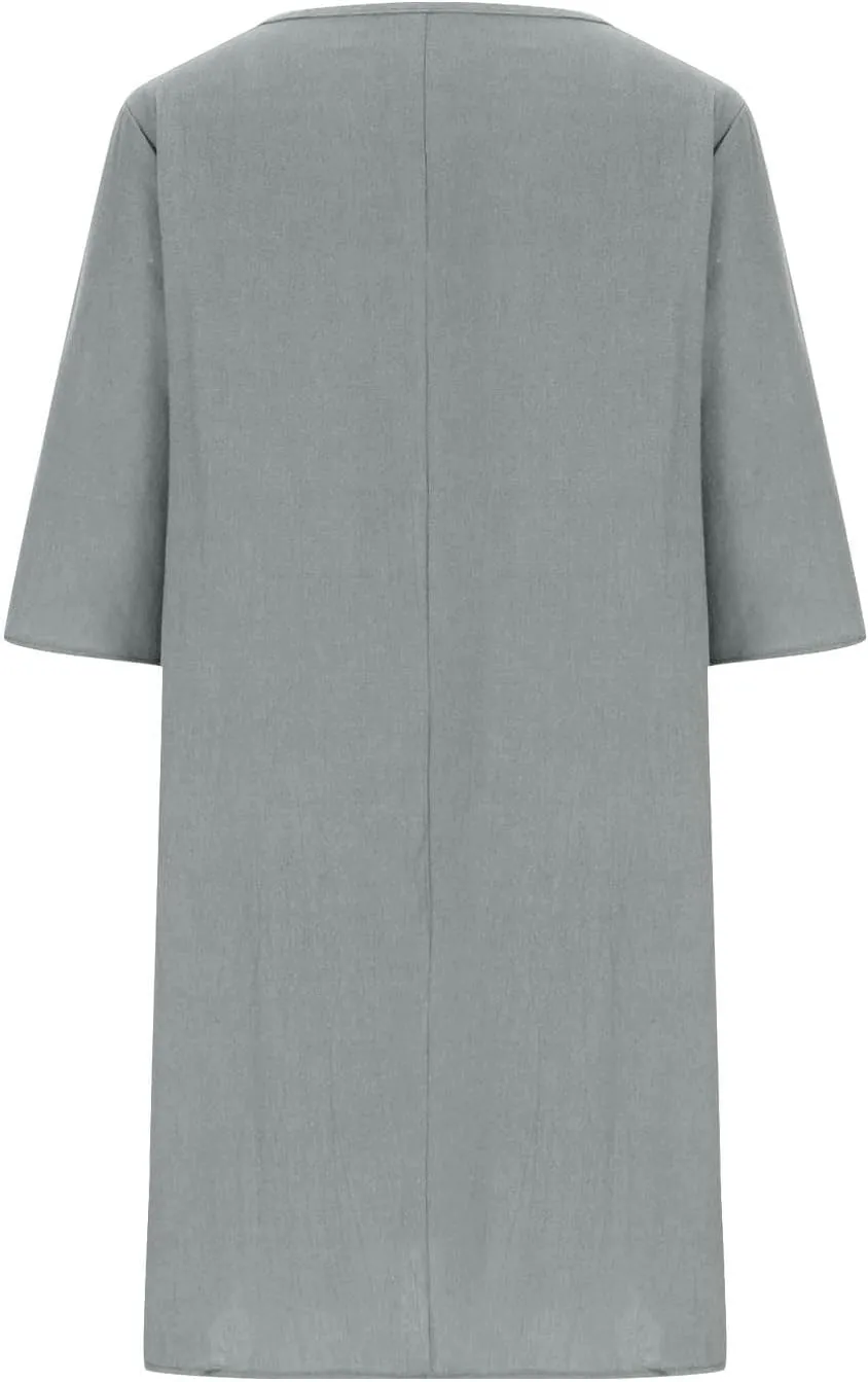 Cotton Linen Dress Women Casual Summer Midi Dresses T Shirt Dress Short Sleeve Beach Vacation Mini Sundress Trendy