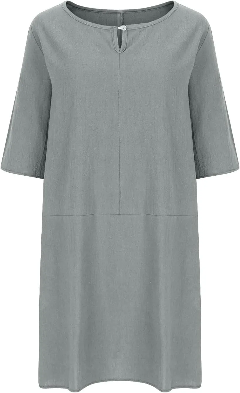 Cotton Linen Dress Women Casual Summer Midi Dresses T Shirt Dress Short Sleeve Beach Vacation Mini Sundress Trendy
