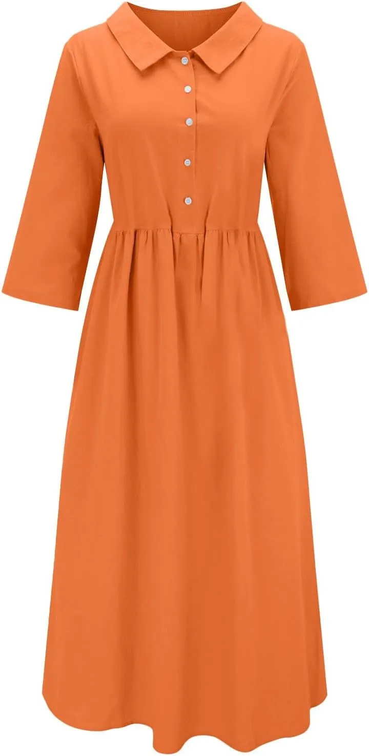 Cotton Linen Dresses for Women 2025 Casual Summer Sleeveless Button Down Dresses Loose Fit Turn Down Neck Sundress