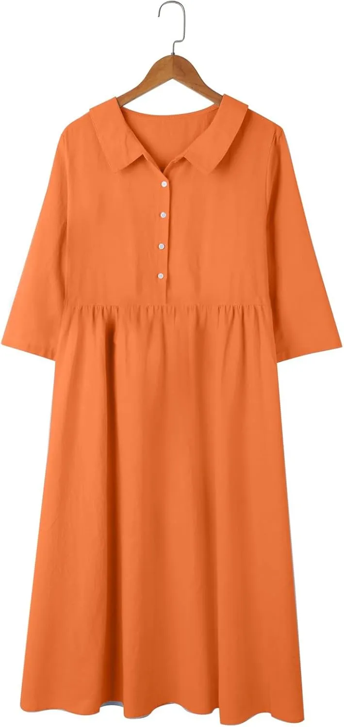 Cotton Linen Dresses for Women 2025 Casual Summer Sleeveless Button Down Dresses Loose Fit Turn Down Neck Sundress