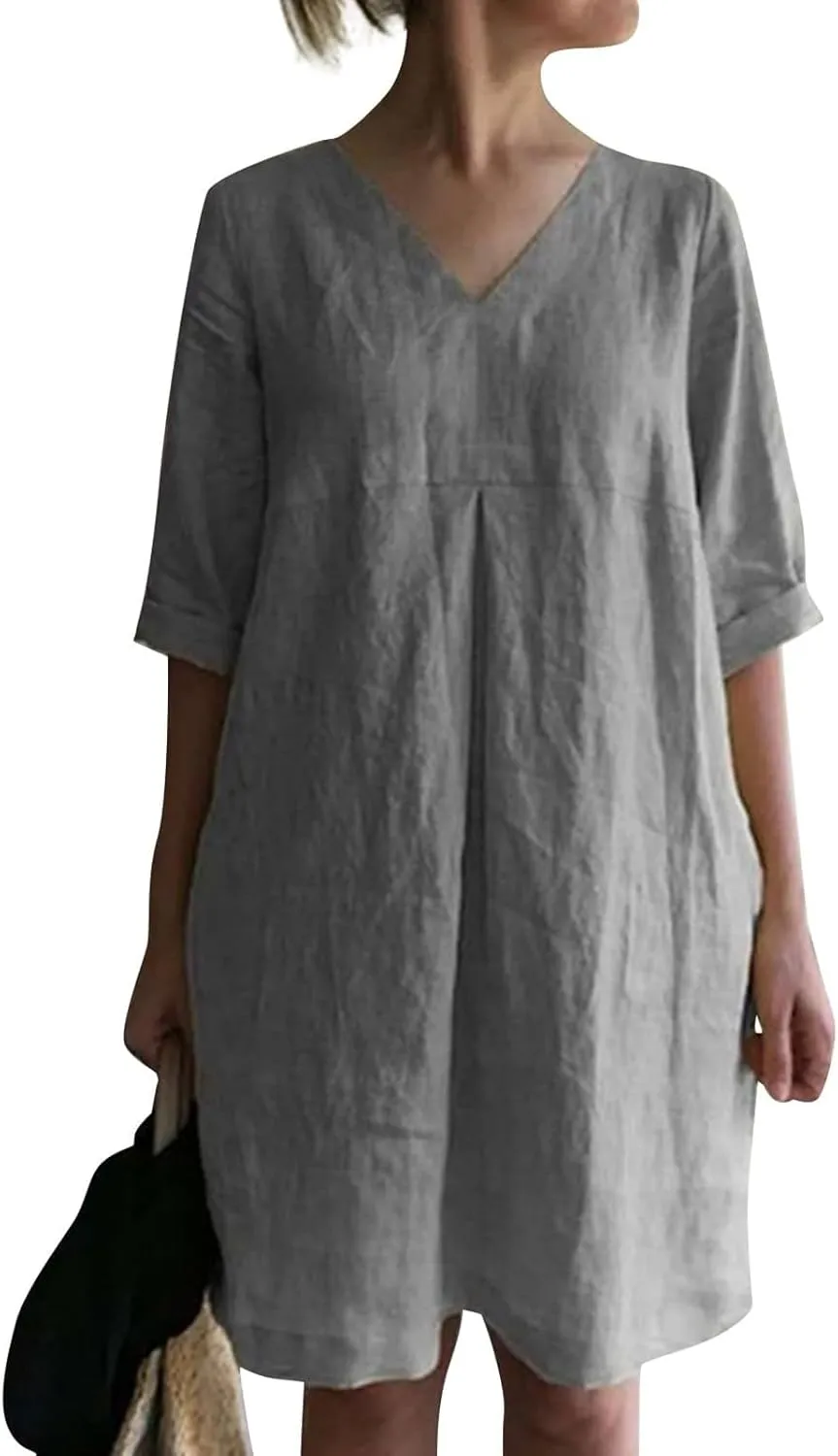 Cotton Linen Summer Midi Dresses for Women 2025 Vacation Plus Size 3/4 Sleeve V-Neck Dress Elegant Plain Beach Dress