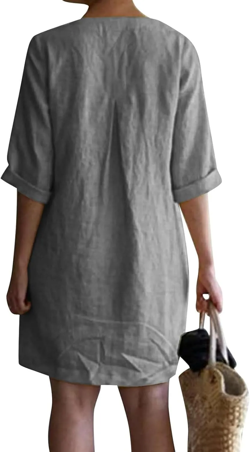 Cotton Linen Summer Midi Dresses for Women 2025 Vacation Plus Size 3/4 Sleeve V-Neck Dress Elegant Plain Beach Dress