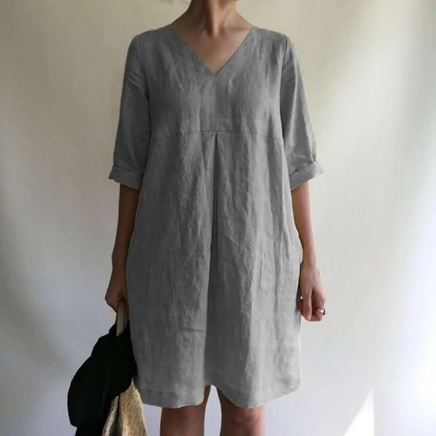Cotton Linen Summer Midi Dresses for Women 2025 Vacation Plus Size 3/4 Sleeve V-Neck Dress Elegant Plain Beach Dress