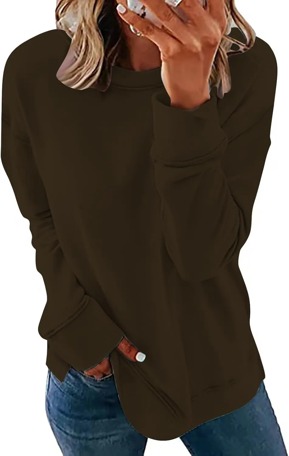 Crew Neck Sweatshirts Women Casual Loose Soft Long Sleeve Pullover Color Block Side Split Tops Lightweight Fall Outfit