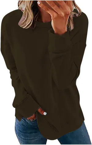 Crew Neck Sweatshirts Women Casual Loose Soft Long Sleeve Pullover Color Block Side Split Tops Lightweight Fall Outfit