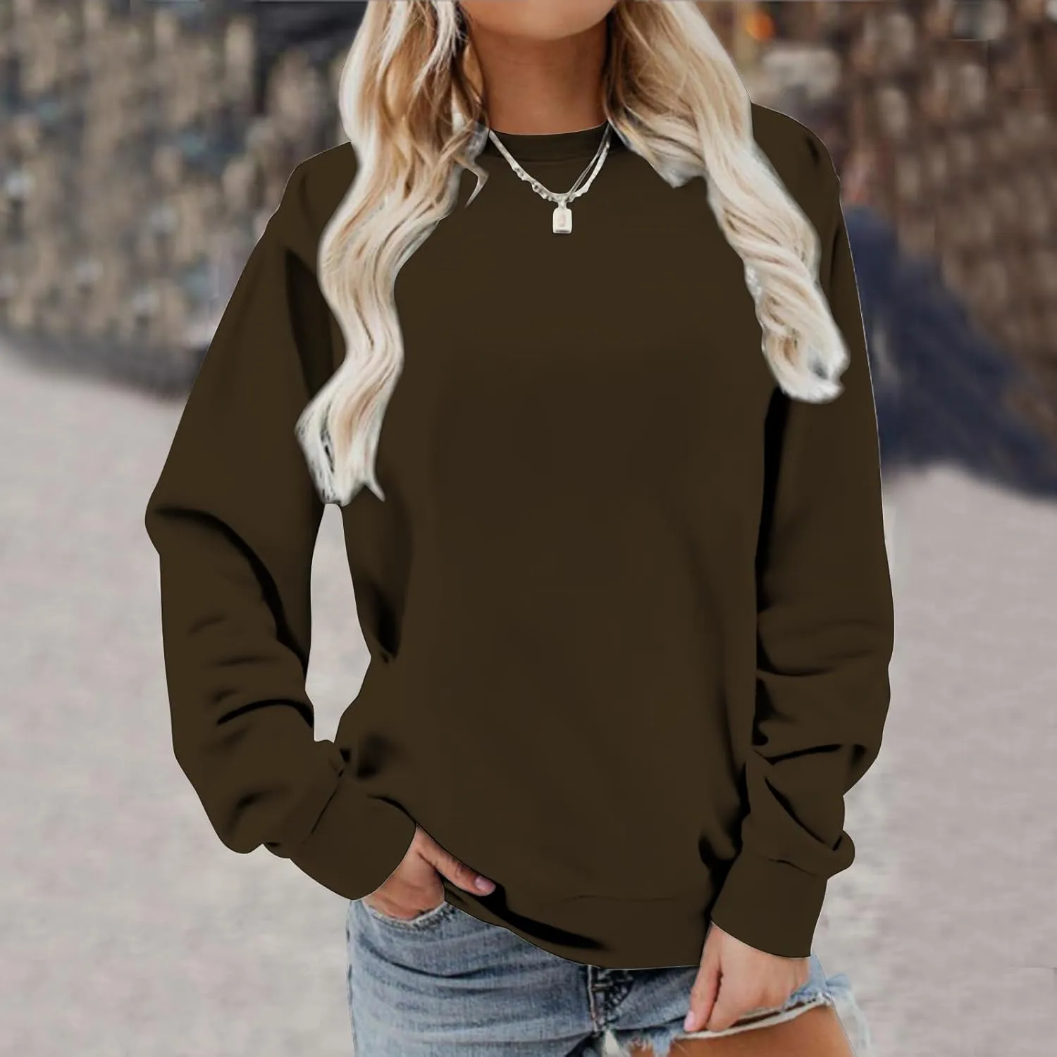 Crew Neck Sweatshirts Women Casual Loose Soft Long Sleeve Pullover Color Block Side Split Tops Lightweight Fall Outfit