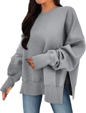 Crewneck Sweatshirt for Women Trendy Side Split Oversized Sweatshirt Thumb Hole Long Sleeve Pullover Tops
