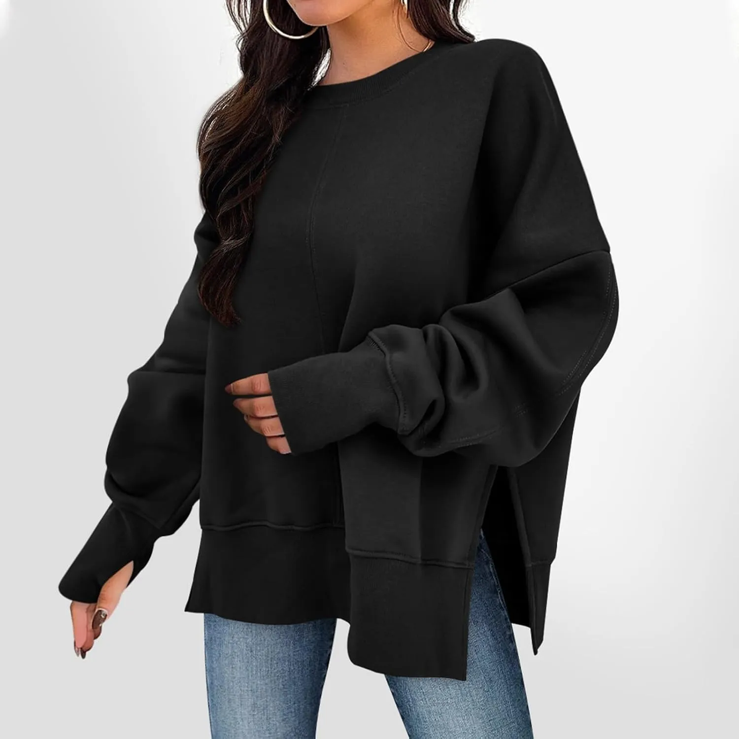 Crewneck Sweatshirt for Women Trendy Side Split Oversized Sweatshirt Thumb Hole Long Sleeve Pullover Tops