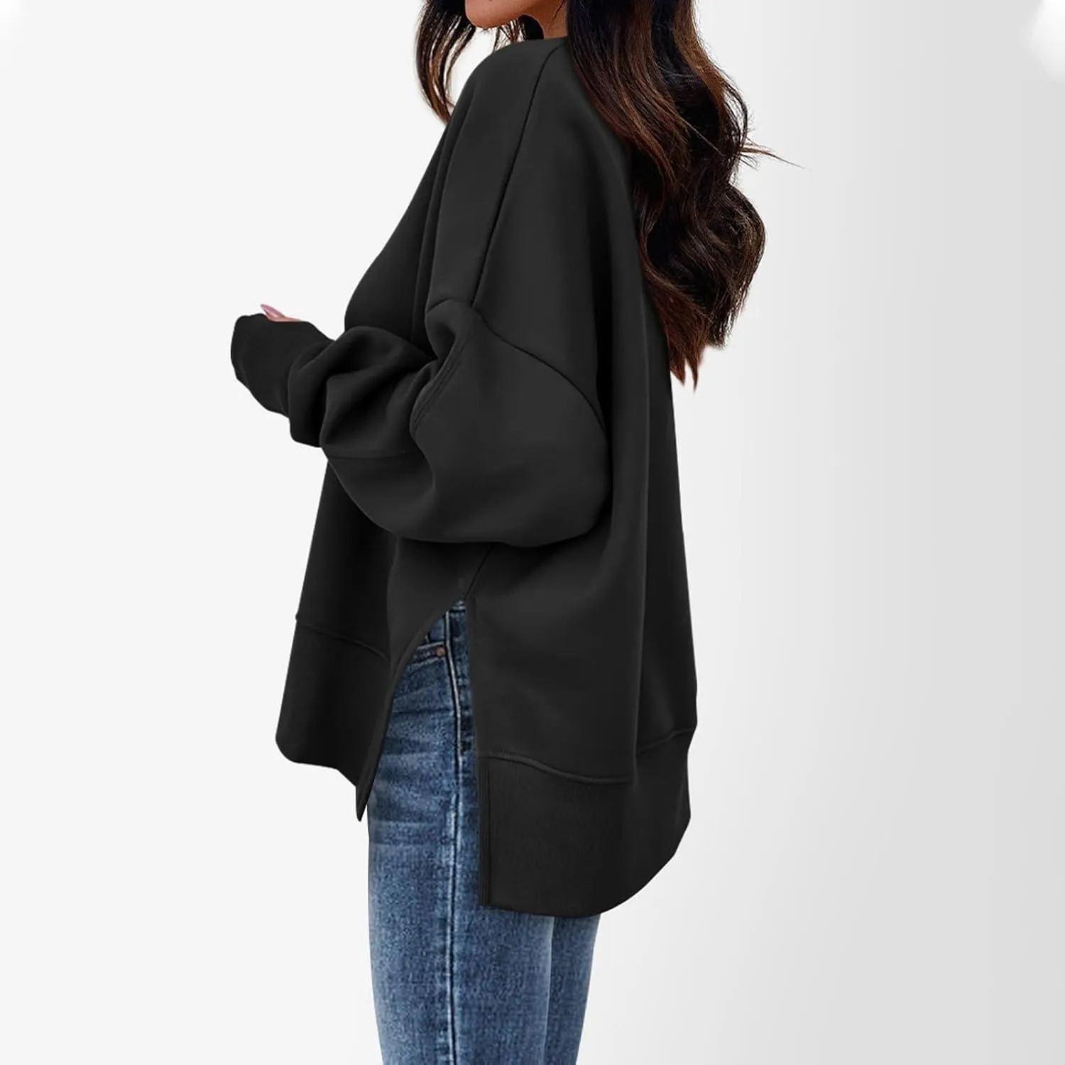 Crewneck Sweatshirt for Women Trendy Side Split Oversized Sweatshirt Thumb Hole Long Sleeve Pullover Tops