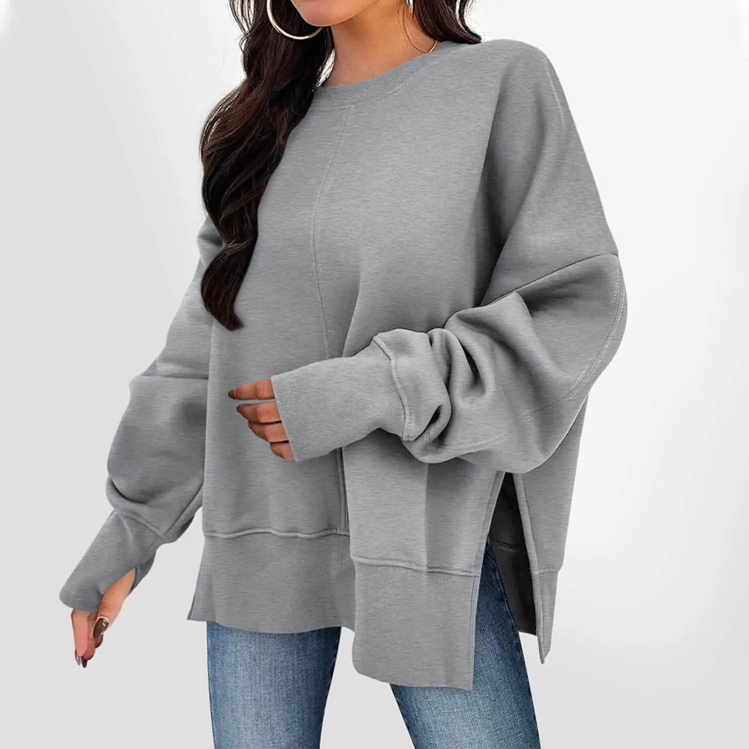 Crewneck Sweatshirt for Women Trendy Side Split Oversized Sweatshirt Thumb Hole Long Sleeve Pullover Tops