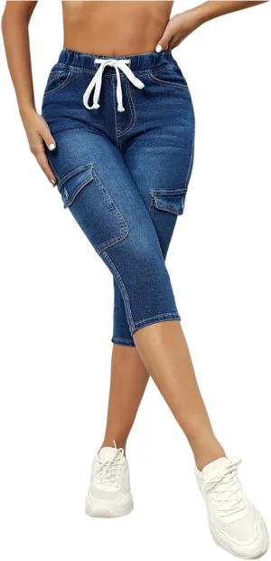 Denim Capris for Women Stretchy Drawstring High Waisted Skinny Cargo Pull On Pedal Pushers Jeggings with Pockets