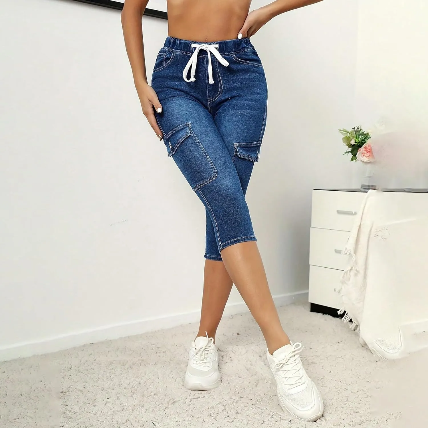 Denim Capris for Women Stretchy Drawstring High Waisted Skinny Cargo Pull On Pedal Pushers Jeggings with Pockets