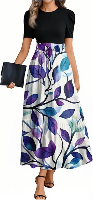 Dresses for Women 2025 Spring Maxi Dress Short Sleeve Crew Neck Empire Waist Dresses Tailored Fit Vacation Dress
