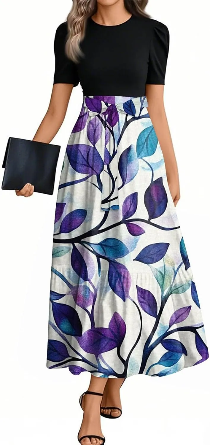 Dresses for Women 2025 Spring Maxi Dress Short Sleeve Crew Neck Empire Waist Dresses Tailored Fit Vacation Dress