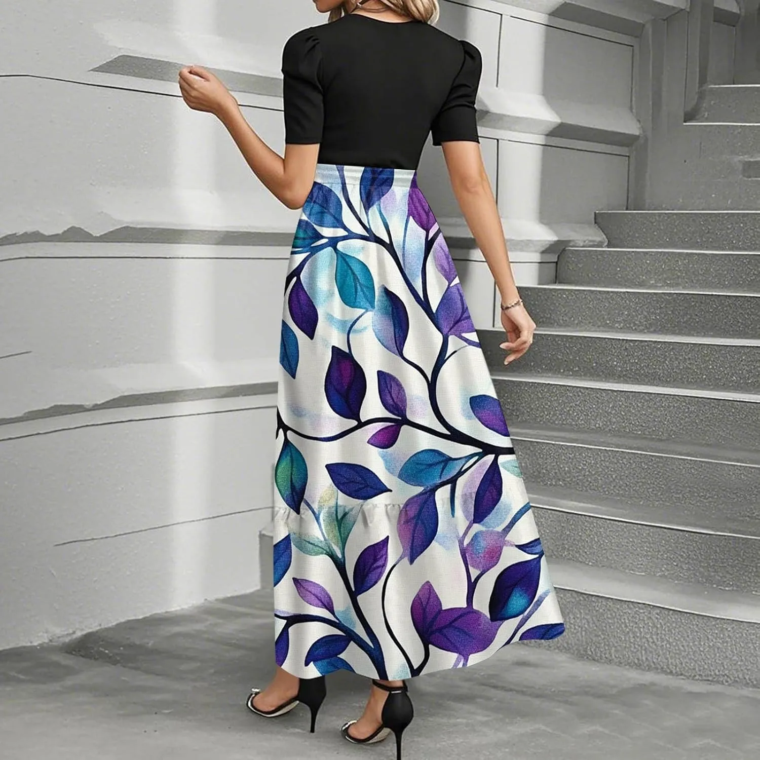 Dresses for Women 2025 Spring Maxi Dress Short Sleeve Crew Neck Empire Waist Dresses Tailored Fit Vacation Dress