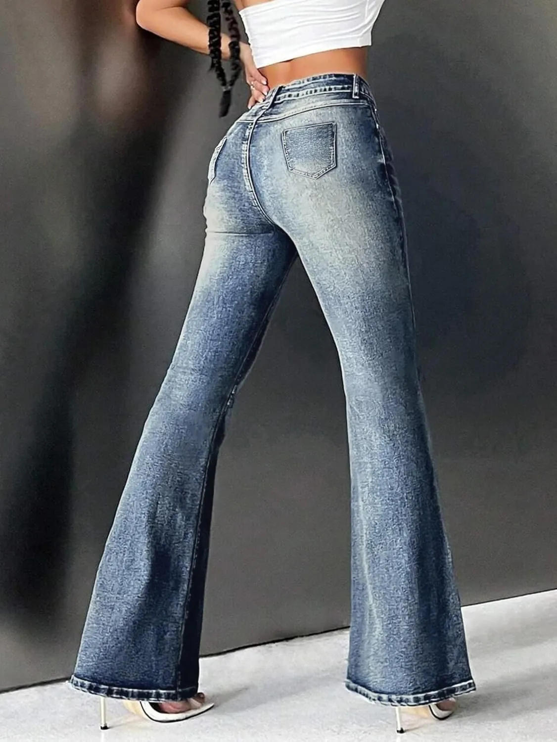 EMMIOL Women's Mid-High Rise Flared Bell Bottom Stretch Jeans Boyfriends Jeans Y2K 90s Denim Pants