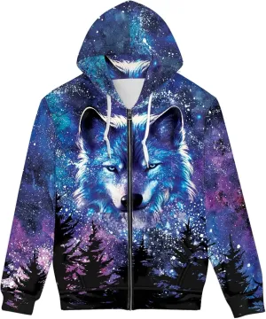 ENLACHIC Men's Cool Wolf Galaxy 3D Printed Zip up Hoodie Pullover Hooded Sweatshirt Hoodies with Pockets