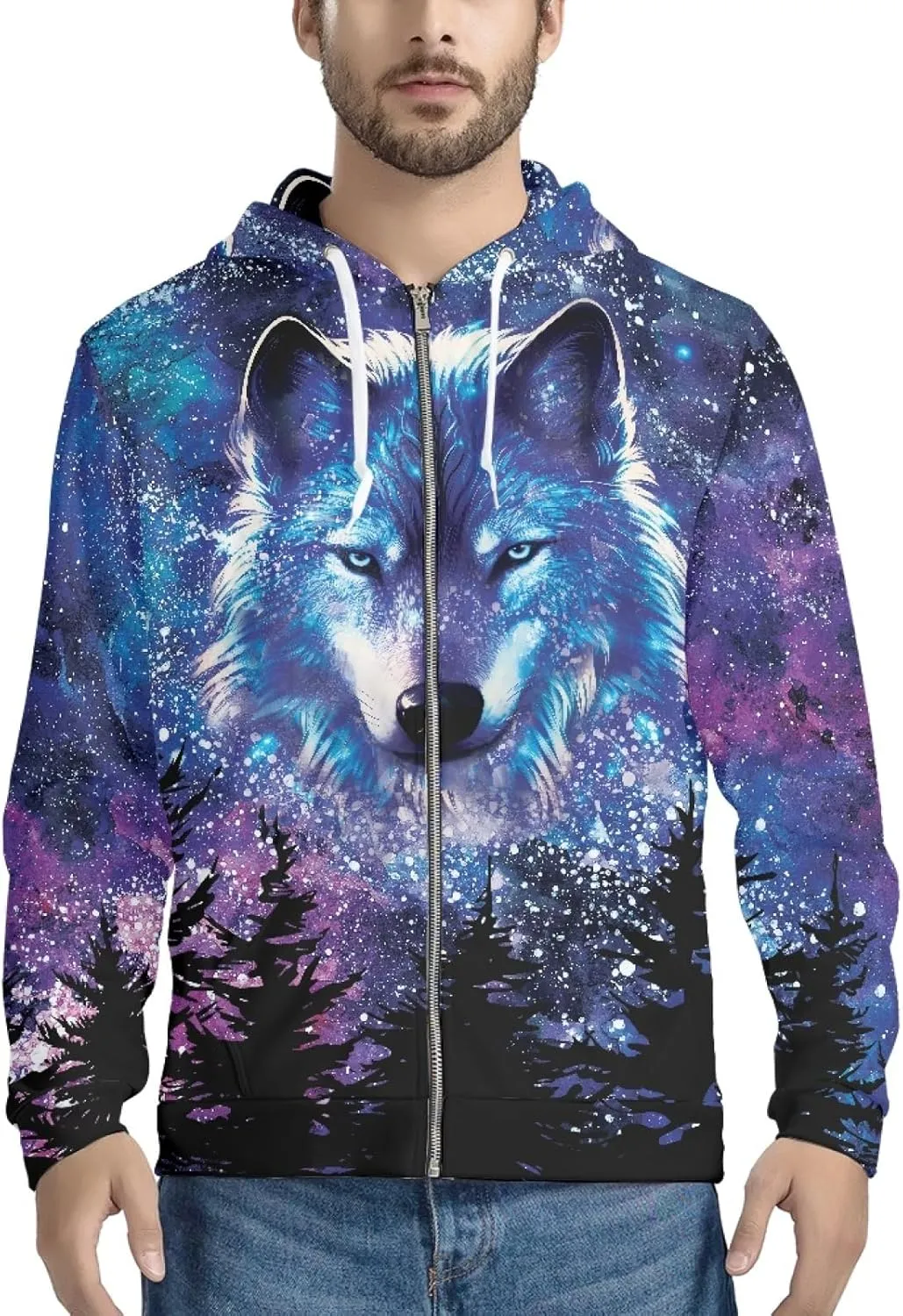 ENLACHIC Men's Cool Wolf Galaxy 3D Printed Zip up Hoodie Pullover Hooded Sweatshirt Hoodies with Pockets