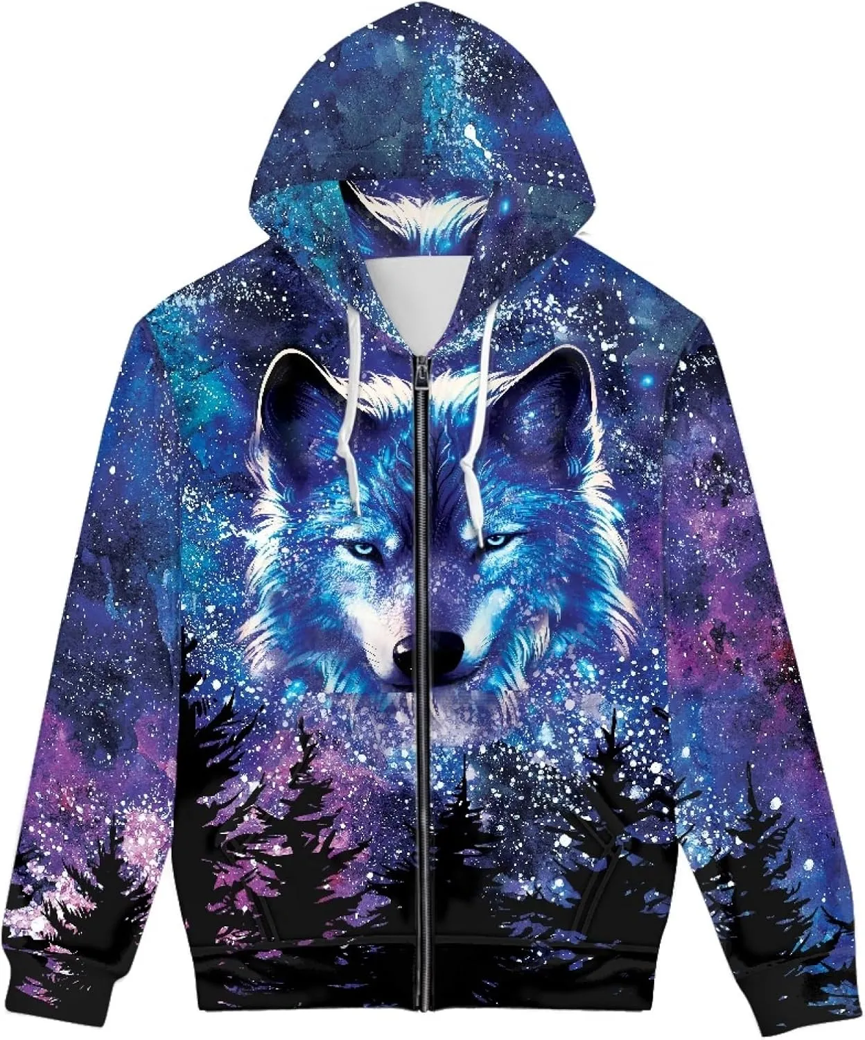 ENLACHIC Men's Cool Wolf Galaxy 3D Printed Zip up Hoodie Pullover Hooded Sweatshirt Hoodies with Pockets