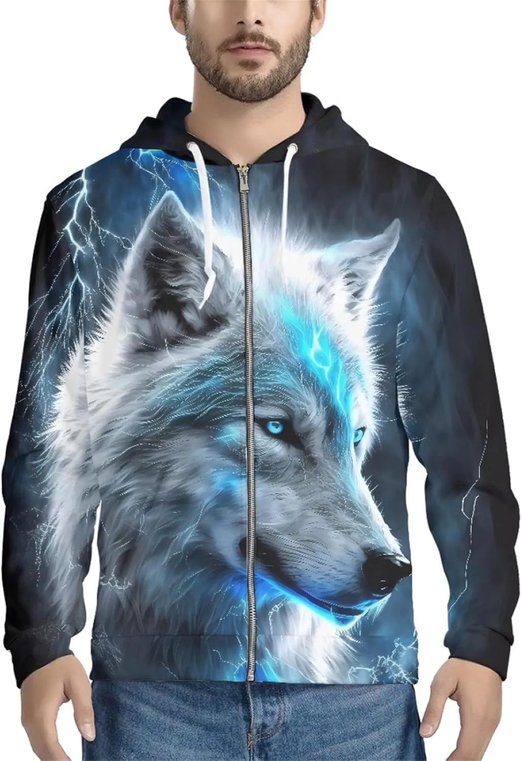 ENLACHIC Men's Cool Wolf Galaxy 3D Printed Zip up Hoodie Pullover Hooded Sweatshirt Hoodies with Pockets