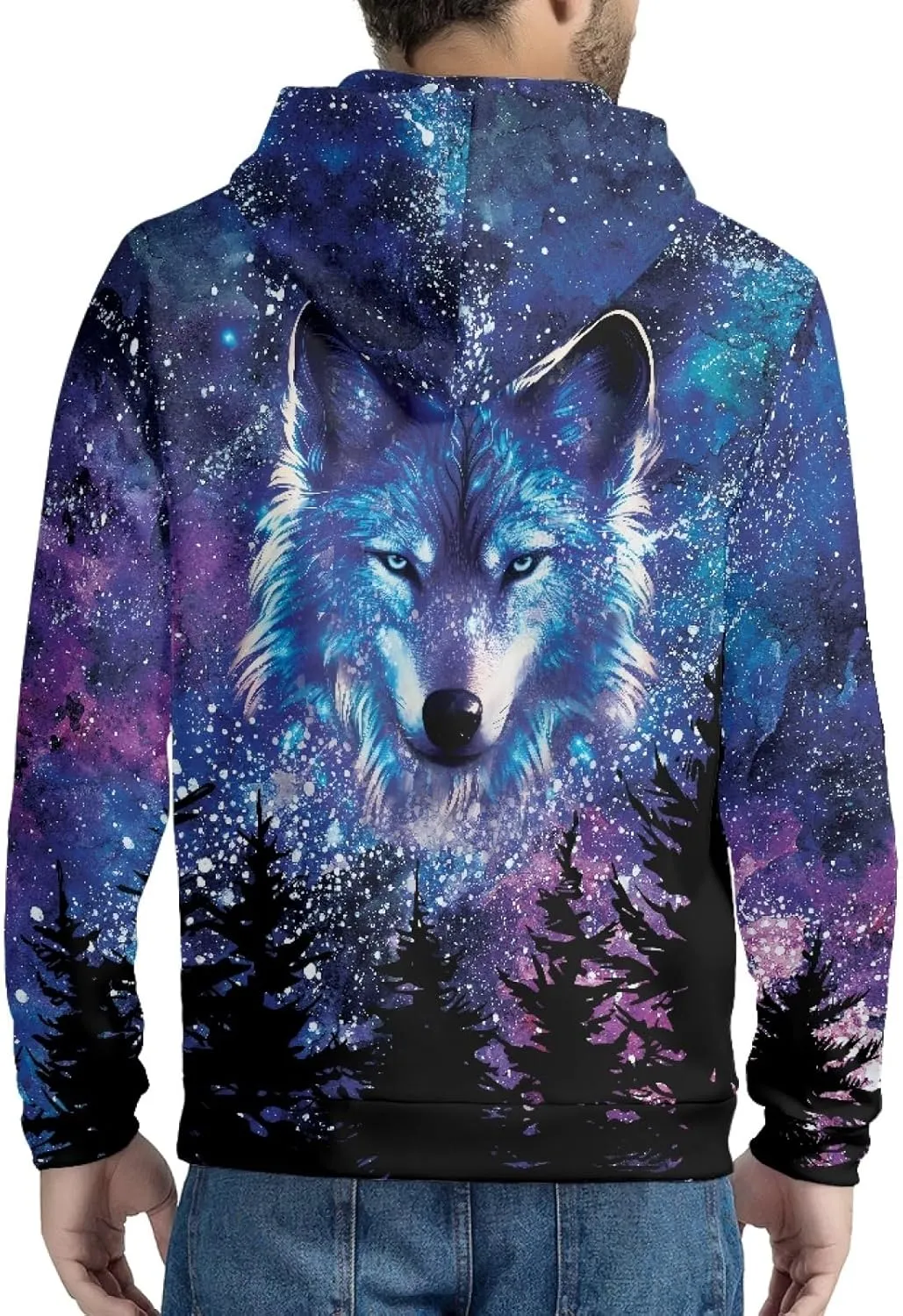 ENLACHIC Men's Cool Wolf Galaxy 3D Printed Zip up Hoodie Pullover Hooded Sweatshirt Hoodies with Pockets