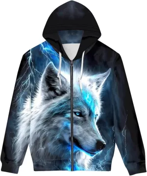ENLACHIC Men's Cool Wolf Galaxy 3D Printed Zip up Hoodie Pullover Hooded Sweatshirt Hoodies with Pockets