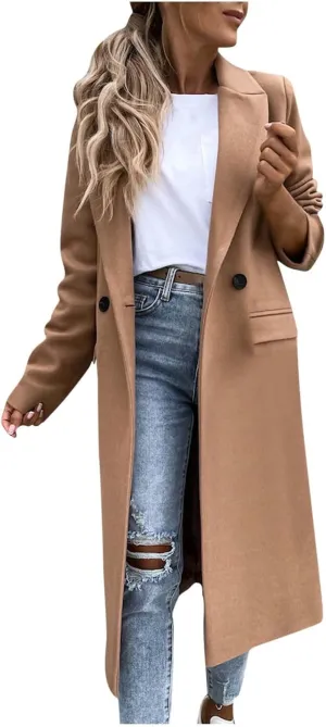 Fall Cardigan for Women 2022 Solid Lapel Collar Trench Coat Open Front Mid Length Wool Blend Coat Elegant Pea Coat
