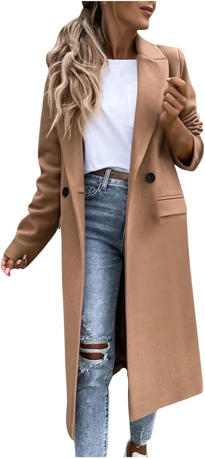 Fall Cardigan for Women 2022 Solid Lapel Collar Trench Coat Open Front Mid Length Wool Blend Coat Elegant Pea Coat