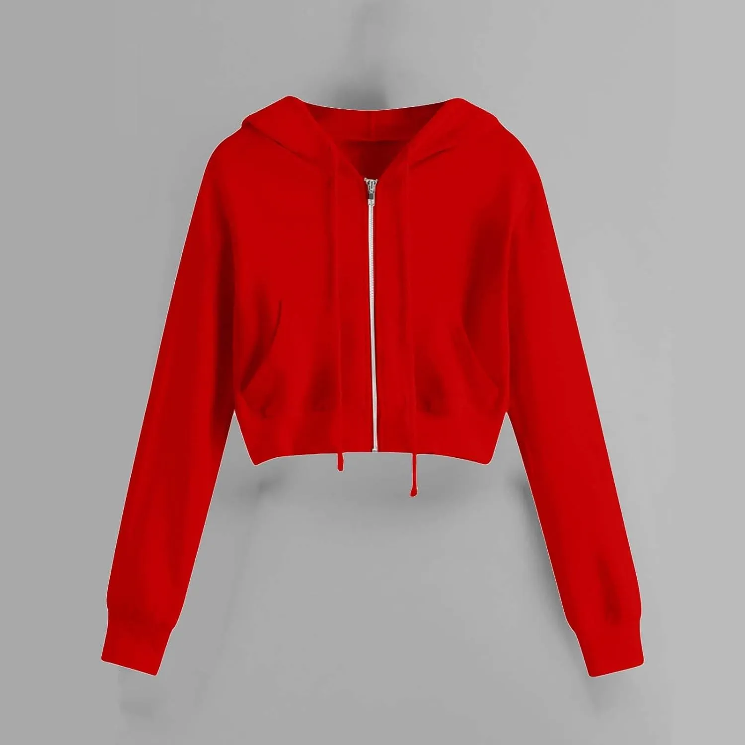 Fashion Crop Hoodie for Women Solid Color Full Zip Up Drawstring Hooded Long Sleeve Jackets Autumn Sports Sweatshirts