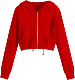 Fashion Crop Hoodie for Women Solid Color Full Zip Up Drawstring Hooded Long Sleeve Jackets Autumn Sports Sweatshirts