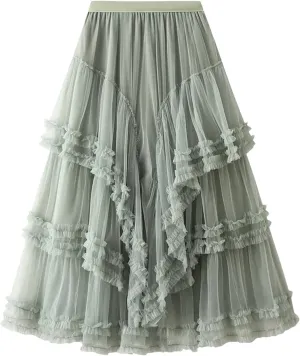 Fashion Ruffles Mesh Skirt for Women High Elastic Waist Solid Color Layers A-Line Skirts