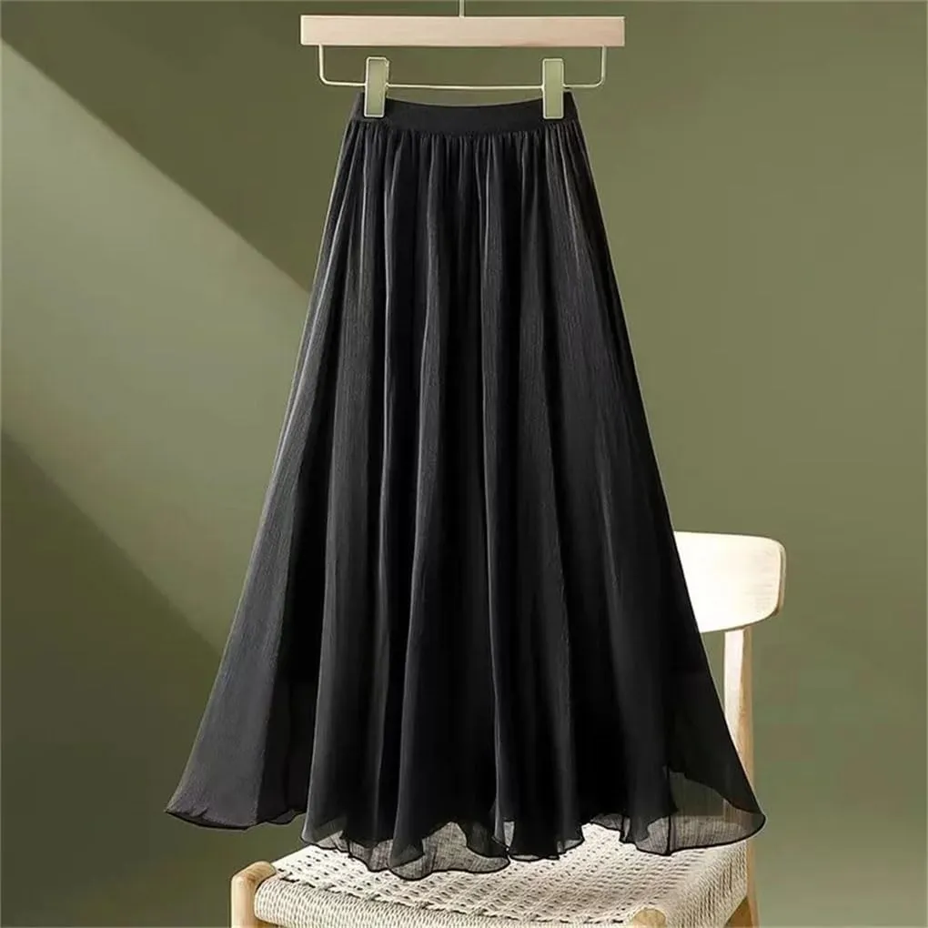 Female Double Layer A-Line High Waist Ruffles Skirts Women Chiffon Long Skirts